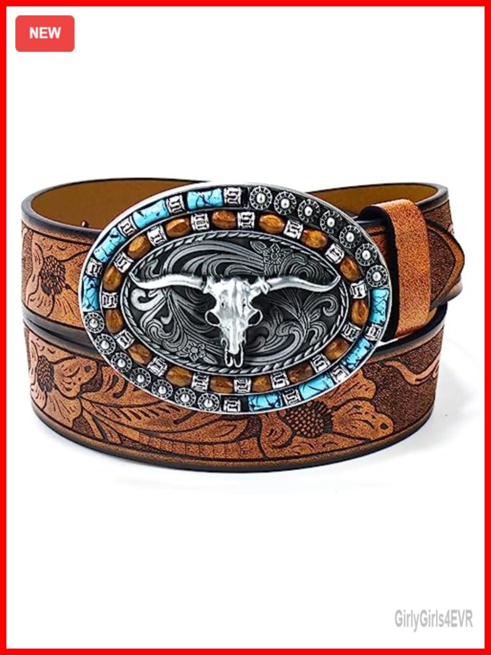Western Leather Belt Women Turquoise Oval Buckle Embossed Cowgirl